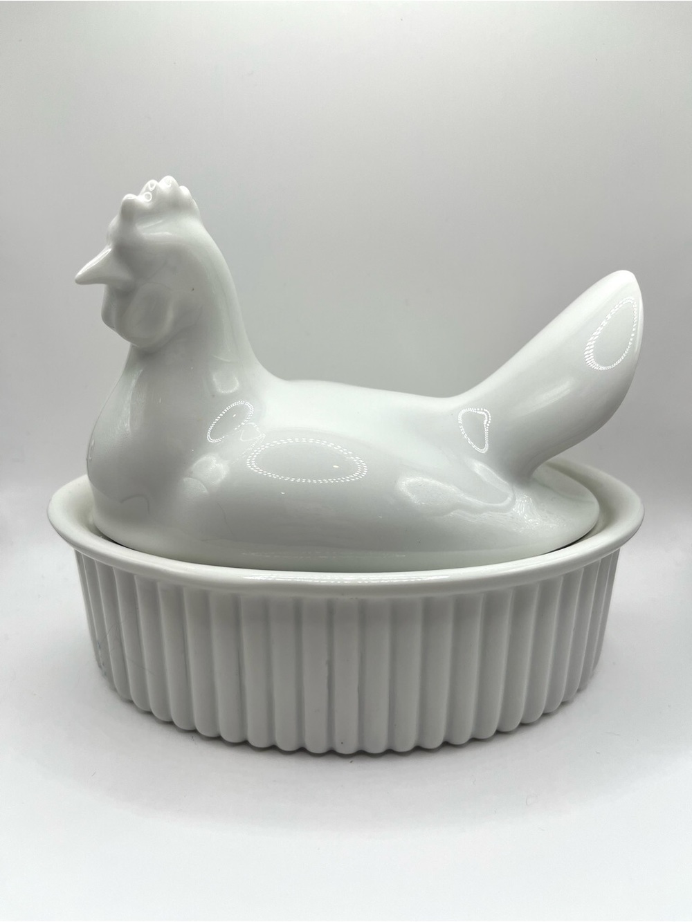 Crate & Barrel White Ceramic Hen on Nest Covered Dish